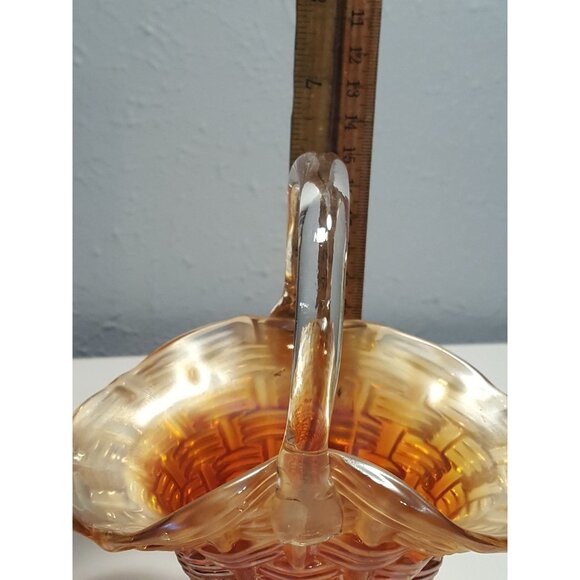 Carnival Glass Basket Candy Dish Basketweave Applied Clear Handle 6" - Picture 9 of 10